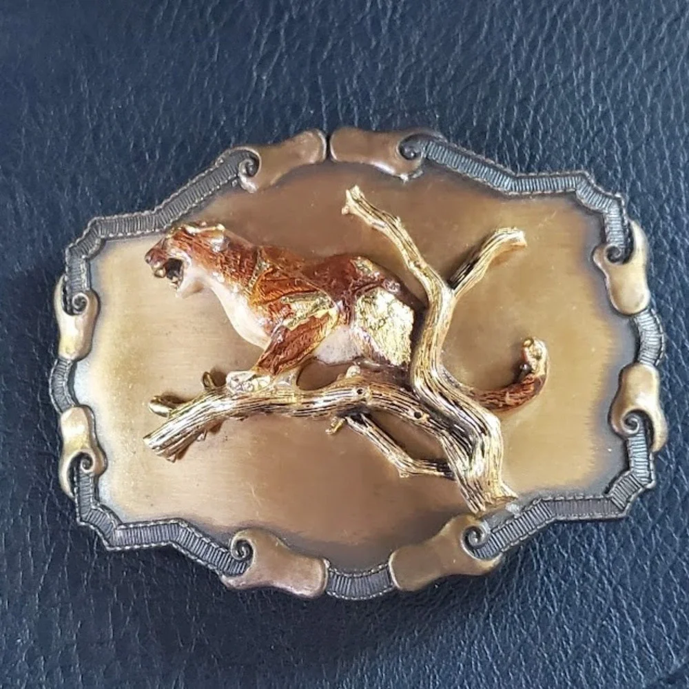 RAINTREE Vintage Cougar on Branch Belt Buckle Western Wildlife Gold Tone USA